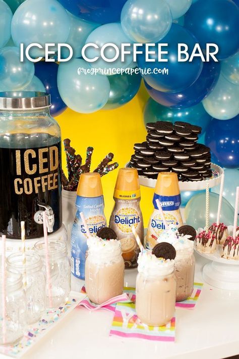 Iced coffee bar ideas for your next party--like frappes and OREO flavored drinks! Easy Coffee Bar For Party, Coffee Bar Ideas For Grad Party, Diy Coffee Bar For Party, Cold Coffee Bar Ideas Party, Coffee Bar For A Party, Cold Brew Coffee Bar Party, Brunch Coffee Bar Ideas, Coffee Bar Ideas Party Events, Cold Brew Bar Party