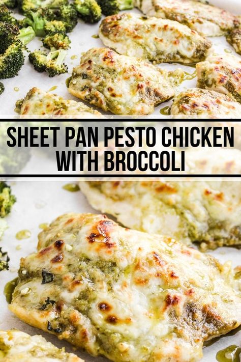 This easy sheet pan pesto chicken meal comes together quickly with chicken breasts, broccoli, pesto, and melty mozzarella. This is a family favorite dinner even the kids will love! Chicken Breast Pesto Recipes, 1 Pan Meals, Sheet Pan Pesto Chicken, Sheet Pan Chicken Recipe, Pesto And Mozzarella, Easy Sheet Pan Chicken, Gf Cooking, College Meal, Chicken With Broccoli