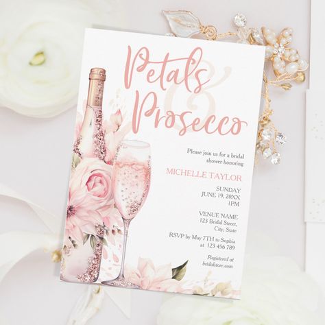 Made Of Honor Ideas, Glass Invitations, Bridal Shower Wildflower, Petals Prosecco, Prosecco Bridal Shower Theme, Petals And Prosecco Bridal, Brunch And Bubbly Invitations, Boho Blush Pink, Petals And Prosecco