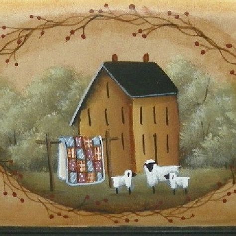 Terrye French, Painted Rugs, Santa Paintings, Primitive Painting, Saltbox Houses, Arte Folk, Americana Art, Art Houses, Tole Painting Patterns