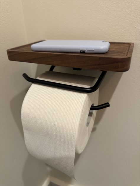 Hold the Phone! Toilet Paper Holder With Phone Shelf, Diy Toilet Paper Holder Storage, French Paint Colors, Toilet Paper Holder Storage, Phone Holder Diy, Diy Toilet Paper Holder, Diy Toilet Paper, Phone Shelf, Dining Chair Makeover