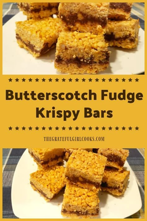 Butterscotch Fudge Krispy Bars are a yummy treat, with crunchy layers of puffed rice cereal, butterscotch chips, peanut butter and chocolate! via @gratefuljb Butterscotch Rice Krispie Cookies, Butterscotch Peanut Butter Rice Krispies, Peanut Butter Butterscotch Rice Krispies, Peanut Butter Rice Crispies, Rice Crispy Bars, Butterscotch Fudge, Butterscotch Bars, Rice Krispies Recipe, Peanut Butter Rice Krispie Treats