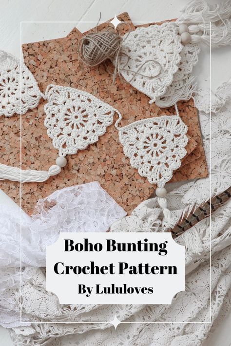 Crochet Bunting. Create beautiful boho Bunting with this simple pattern from Lululoves (diagram included in pdf) Boho Bunting, Bunting Crochet, Bunting Pattern, Crochet Bunting, Crochet Garland, Easter Crochet Patterns, Crochet Wall Hangings, Crochet Wedding, Haken Baby