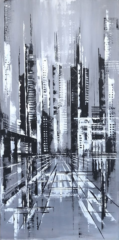 Black And White Building Painting, New York Painting Aesthetic, Black And White City Painting, Acrylic Black And White Painting Ideas, Black And White Acrylic Painting Ideas, Abstract Building Art, Black And White Aesthetic Painting, Building Painting Acrylic, Architecture Painting Acrylic