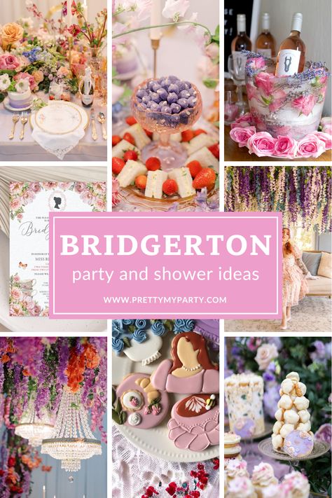 The Best Bridgerton Party and Shower Ideas - food, decor, tablescapes, favors, games, and more on www.prettymyparty.com. Bridgeton Party Decorations, Bridgerton 1st Birthday, Bridgestone Party Ideas, Bridgerton Theme Baby Shower Ideas, Bridgerton Themed Party Favors, May Party Ideas, Bridgerton Themed Bachelorette Party, Bridgeton Bridal Shower Theme, Bridgerton Christmas Decor