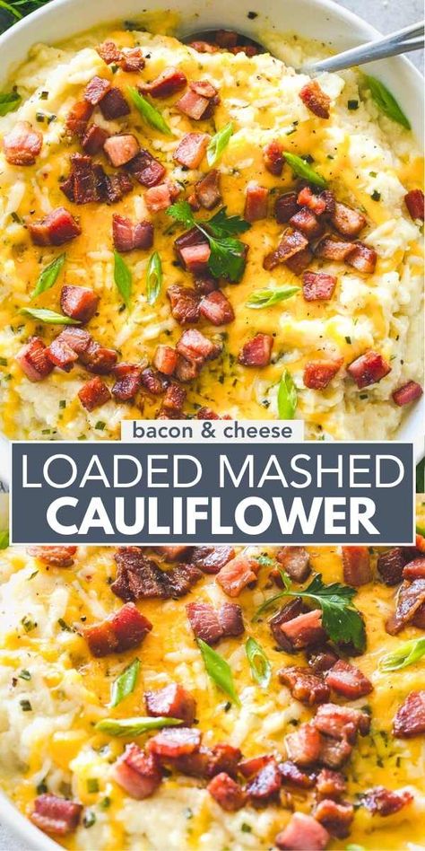 Packed with bacon, cheese, and garlic, this loaded mashed cauliflower recipe is the perfect, most delicious low carb swap for mashed potatoes! Cauliflower Recipes Mashed, Keto Mashed Potatoes Cauliflower Recipes, Mashed Cauliflower Casserole, Vegetable Mash Recipes, Mash Cauliflower Recipe, Cauliflower Mash Recipes, Best Cauliflower Mashed Potatoes, Mashed Cauliflower Recipes, Keto Cauliflower Mashed Potatoes