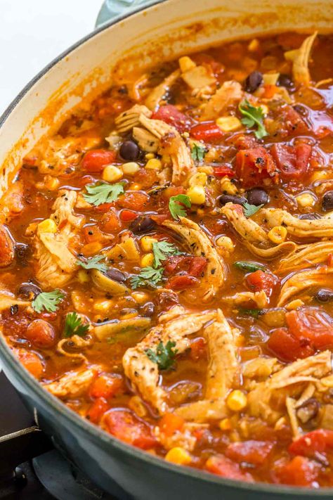 Chicken tortilla soup on the stove top in just 30 minutes! Shredded white meat, bold seasonings, spicy chilis, fire roasted tomatoes, and corn tortillas. #mexican #tortillasoup #soup #chickensoup Soup On The Stove, Chicken Tortillas Soups Recipe, Tortilla Soup Recipe, Chicken Taco Soup, Avocado Dip, Diner Recept, Fire Roasted Tomatoes, Chicken Tortilla Soup, Chicken Tortilla