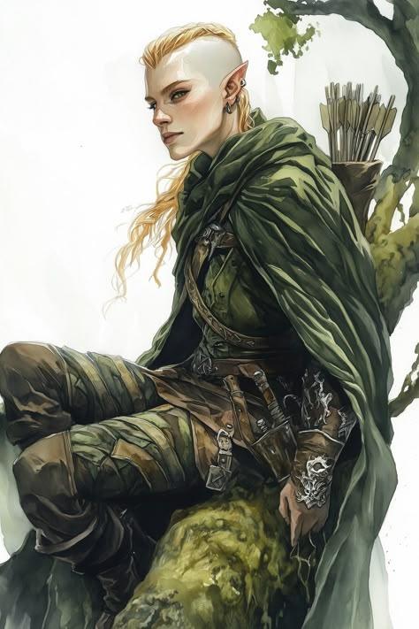 Taryn is striking. A figure with a uniform, tanned skin tone. Their keen auburn eyes are set beneath a bold, asymmetrical haircut, where one side is shaved close and the other tumbles in blonde locks. They wear a cloak of deep moss green, and a quiver of arrows, intricately stitched with silver inlays that glint with every movement. Elf Rogue Female Dnd, Female Dnd Character, Wood Elf Dnd, Dnd Waterdeep, Druid Rogue, Archer Woman, Half Elf Ranger, Auburn Eyes, D Names