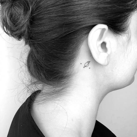 Back Ear Tattoo, Behind The Ear Tattoos, Saturn Tattoo, Behind Ear Tattoos, Planet Tattoos, Ear Tattoos, Small Girl Tattoos, Small Tattoos Simple, Space Tattoo