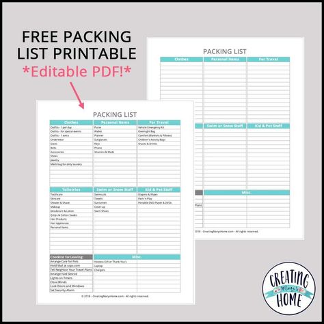 Packing List Printable *Editable PDF!* - creatingmaryshome.com Blank Packing List, Packing Checklist Template, Vacation Packing Checklist, Camper Organization Travel Trailers, Business Trip Packing, Packing List Template, Vacation Prep, 59th Birthday Ideas, Low Carb Veggie