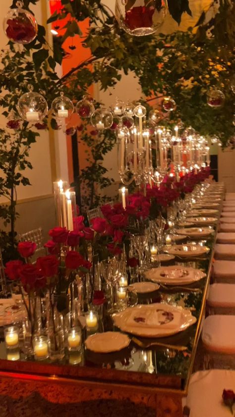 Red Wedding Theme Romantic Reception, Romeo And Juliet Decor, Candleabras Wedding Centerpiece, Burgundy Table Setting Wedding, Mirrored Centerpieces, Burgundy Table Setting, Burgundy Quinceanera, Red And Gold Wedding, 21 Party