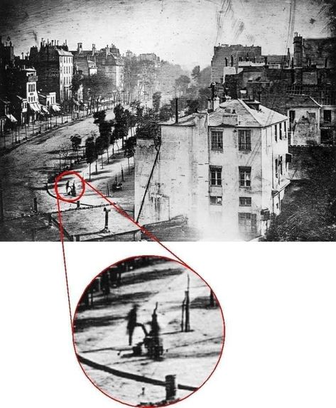 The first photograph in history in which the Human appears in front of the camera This photograph is the first image in which a person appears in front of the camera, and it is also the first image of the city of Paris. The camera used needed about 10 minutes to collect the light and the scene, & the street was full of people, but they were moving while photographing, so they did not appear in the picture except for one person who stopped for minutes To shine his shoes, history immortalized him Foto Retro, Temple Poster, Louis Daguerre, Mud Flood, The Louvre Museum, The Oregon Trail, Great Works Of Art, The Mona Lisa, Oregon Trail