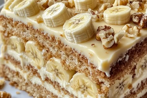 Discover the Heavenly Banana Walnut Cream Cake—a moist and flavorful dessert with bananas, walnuts, and custard. Perfect for any occasion! Heavenly Banana Walnut Cream Cake Recipe, Banana Walnut Cream Cake, Heavenly Banana Walnut Cream Cake, Banana Walnut Cake Recipe, Banana Custard Cake, Dessert With Bananas, Banana Cream Cake, Best Cheesecake Recipe, Mac Recipes