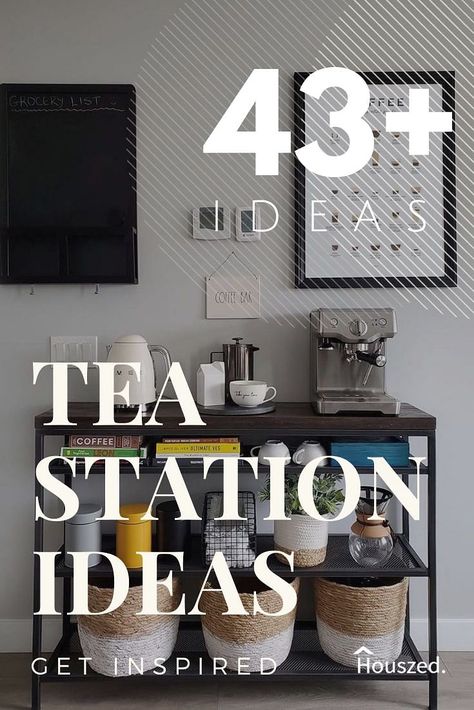 43 Coffee and Tea Station Ideas That Make Your Friends Jealous Toaster Coffee Station, Tea Corner Ideas Office, Kitchen Tea Area Ideas, Coffee Bar Organization Small Spaces, Coffee And Tea Station Countertop Kitchen, Tea Spot In Kitchen, Yea Bar Ideas, Coffee Station For Office, Minimalist Tea Station