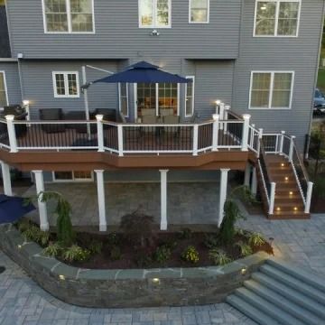 75 Second Story Deck Ideas You'll Love - July, 2024 | Houzz Two Story Back Porch, Back Deck Designs Second Story, Second Story Deck Ideas Design, 2nd Floor Covered Deck Ideas, Two Story Deck Ideas With Walkout Basement, Two Story Porch Ideas, Deck Design Ideas Second Story, 2 Story Backyard Deck Ideas, Back Deck With Stairs