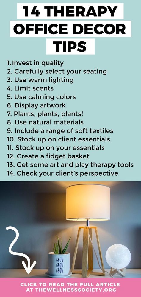 Looking for therapy office décor ideas? Click to read our Ultimate Guide to Therapy Office Décor at thewellnesssociety.org today! Life Coaching Office Decor, Small Counseling Office Ideas, Small Therapy Office Ideas, Counseling Office Furniture, Therapist Office Design, Play Therapy Office, Therapy Office Ideas, Private Practice Office, Counselling Office