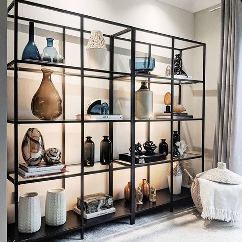 IKEA UK sur Instagram : Magnificent pieces – and that’s just our pair of VITTSJÖ shelving units! @thehousewoman has filled them with their own statement staples… Ikea Vittsjo Shelves, Open Shelving Styling, Vittsjo Shelves, Shelving Styling, Ikea Vittsjo, Ikea Uk, Urban Industrial Decor, Shelves Kitchen, Flat Decor