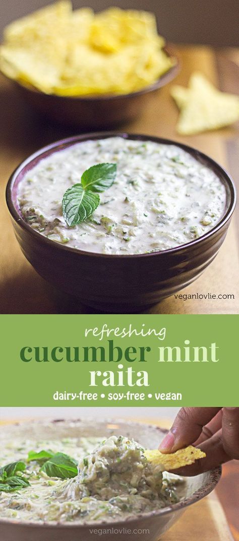 Cucumber raita with mint, a refreshing cucumber dip or cooling condiment to accompany any spicy meal. #raita #cucumberraita #vegandips #veganrecipes #vegancondiments #vegan #veganlovlie Raita Recipe Indian, Dip Vegan, Cucumber Dip, Cucumber Raita, Soy Free Vegan, Vegan Dip, Mango Chutney, Mint Recipes, Vegan Sauces