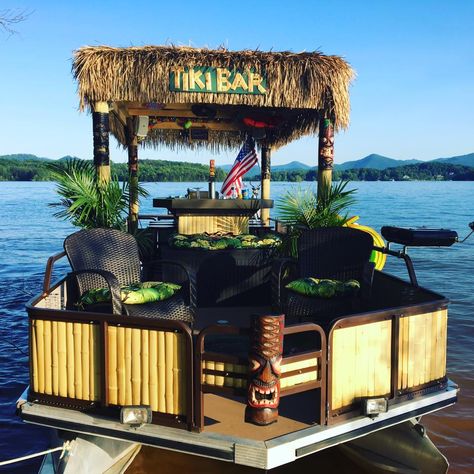 Aqua Tiki - Party Boats on Lake Chatuge in Hiawassee, Georgia Pontoon Tiki Bar, Tiki Bar Pontoon Boat, Tiki Pontoon Boat, Party Barge Pontoon Boats, Diy Party Barge, Pontoon Boat Decorating Ideas, Party Boat Ideas, Tiki Bar Boat, Diy Pontoon Boat