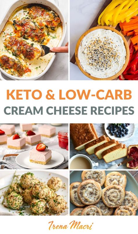 We found some of the BEST keto and low-carb cream cheese recipes around, ranging from savory bread rolls and pinwheels to sweet cheesecakes and fat bombs. When it comes to Keto and Low-Carb recipes, cream cheese has gained a lot of popularity as the go-to ingredient. It is very low in carbohydrates, moderate in protein, and high in fat, making it a staple in a keto diet. Cream cheese is soft in texture and mild in flavour, so it is very versatile. via @irena_macri Keto Recipes Cream Cheese, Keto Cream Cheese Dinner Recipes, Keto Meals With Cream Cheese, Keto With Cream Cheese Recipes, Keto Snacks Cream Cheese, Keto Cream Cheese Pinwheels, Cream Cheese Low Carb Snacks, Cream Cheese Low Carb Recipes, Healthy Meals With Cream Cheese