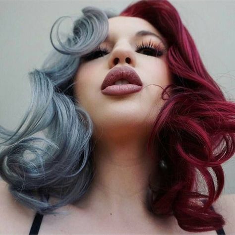 Half & Half hair color gray maroon Half And Half Hair, Split Dyed Hair, Hair Color Burgundy, Hair Chalk, Split Hair, Hair Dye Ideas, Dye Colors, Burgundy Hair, Trendy Hair Color