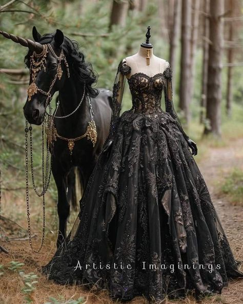 Fairytale Black Dress, Fairy Wedding Dress Black, Villian Ballgown, Dark Wedding Dress Victorian, Dark Fantasy Dress Aesthetic, Black Princess Gown Royalty, Fantasy Gowns Black, Black Fairytale Wedding Dress, Black And Green Wedding Dresses