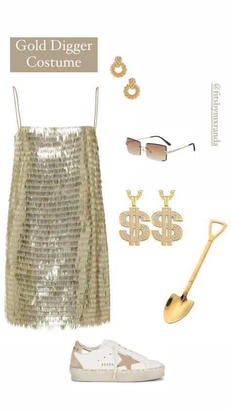 She aint nothin but a Gold Digger⭐️ #halloweencostume #halloween #outfits #outfitoftheday #outfitinspiration #outfitstyle #outfitgoals #outfitgrid #fashion #style #personalshopper #personalstylist Golden Costume Ideas, Gold Digger Outfit, Gold Dress Halloween Costume, Golddigger Costume, Gold Costume Ideas, Gold Digger Costume, Costumes For Trios, Gold Halloween Costume, Halloween Costumes For Trios