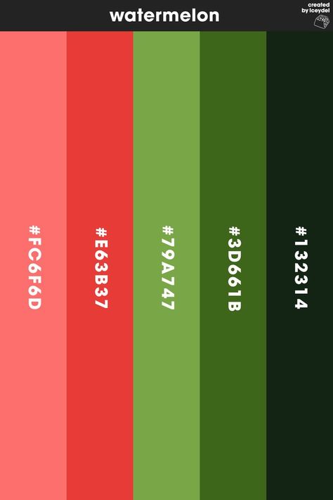 Watermelon Fruit inspired colour palette. Providing valuable a colour palette which can be used to colour different designs, whether that be logos, illustrations or related branded content. (Created by Iceydel - Graphic Designer & Illustrator) Food Colors Palette, Watermelon Shark, Watermelon Illustration, Fruit Logo Design, Watermelon Wallpaper, Fruit Logo, Watermelon Fruit, Brand Color Palette, Branded Content