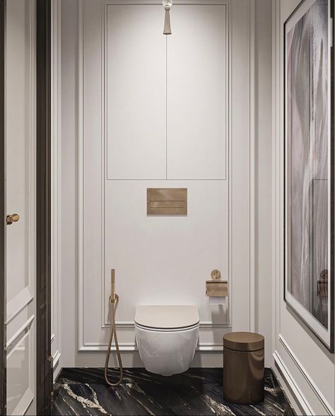 High End Wall Paneling, Wallpaper Bathroon, Toilet Design Classic, Modern Classic Bathroom Design Luxury, Contemporary Classic Bathroom, Luxury Wc Design, Small Classic Bathroom, Bathroom Design French, Neoclassical Bathroom Design