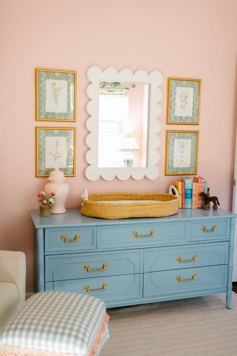 Nursery Color Palette, Broyhill Furniture, Girly Nursery, Blue Dresser, Nursery Dresser, Cozy Nursery, Nursery Room Design, Baby Room Inspiration, Nursery Room Inspiration