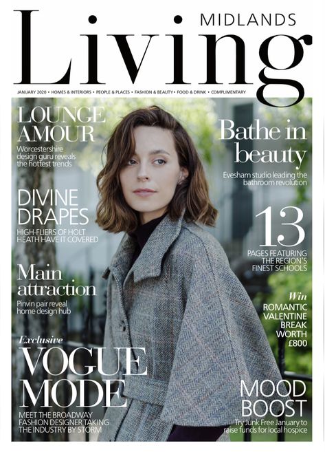 Jackie Maguire Midlands Living Magazine Front cover January 2020 #fashionfeature #coverphoto #frontcover #britishfashion #madeinengland #sustainablefashion #jackiemaguire_ #beltedcapecoat # Fashion Magazine Front Cover, Interior Magazine Cover, Magazine Front Cover Design, Magazine Layout Design Cover, Lifestyle Magazine Cover, Magazine Front Page, Front Page Magazine, Belted Cape Coat, Magazine Cover Layout