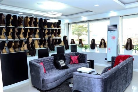 African Hair Salon Interior Design, Wig Store Interior Design, Hair Store Ideas, Beauty Supply Store Design Ideas, Wig Room Ideas, Wig Shop Interior Design, Wig Shop Design Ideas, Hair Store Decor, Wig Business Ideas