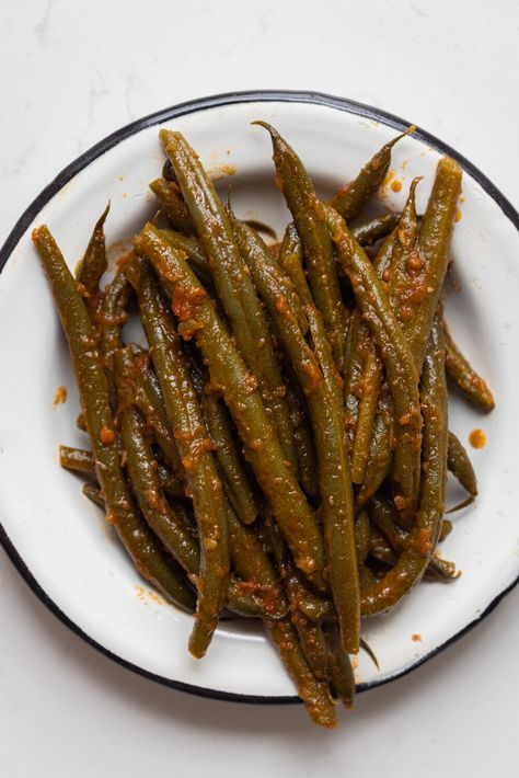 Matbucha Braised Green Beans — Middle Eastern Pantry & Recipes | New York Shuk Matbucha Recipe, Brown Dishes, Moroccan Carrot Salad, Braised Greens, Rosh Hashanah Recipes, Pantry Recipes, Feta Chicken, Holiday Dinner Table, Jewish New Year