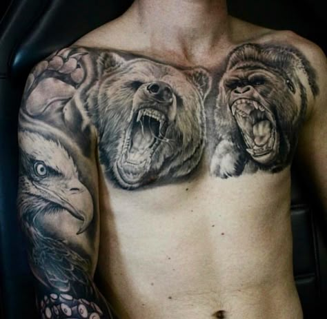 Bear Chest Tattoo Men, Gorilla Chest Tattoo Men, Gorilla Chest Tattoo, Animal Back Tattoo, Chest Tattoo Animal, Tattoo Peito, Grizzly Bear Tattoos, Animal Tattoos For Men, Full Chest Tattoos