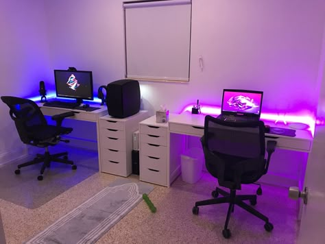 Bf And Gf Gaming Setup, Husband And Wife Gaming Room, Gaming Setup For Couples, Couples Gaming Room Setup Minimalist, 2 Person Gaming Room, His Her Game Room, Gaming Room 2 People, Dual Gaming Setup Couple, Couples Desk Setup