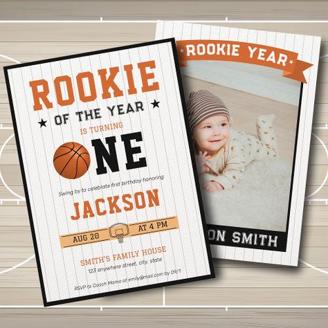 Rookie Of The Year 1St Birthday Basketball Photo Invitation #zazzle #weddinginvitations #birthdayinvitations #babyshowerinvitations #zazzleinvitations #monogram #businesscards #graduation #homedecor Baseball 1st Birthday Party, Basketball Themed Birthday Party, Sports Birthday Invitations, 1st Birthday Party Invitations, Basketball Theme, Basketball Birthday, First Birthday Party Themes, 1st Birthday Invitation, Sports Birthday