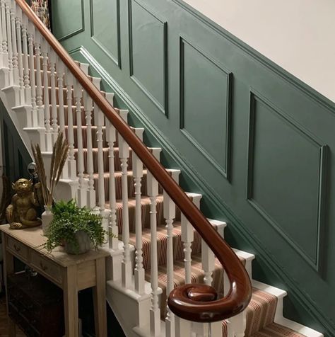 Dark Green Panelling, Green Statement Wall, Green Floor Paint, Inspiration Hall, Deep Sage Green, Hallway Panelling, Interior Paint Finishes, Stairs And Hallway Ideas, House Hallway