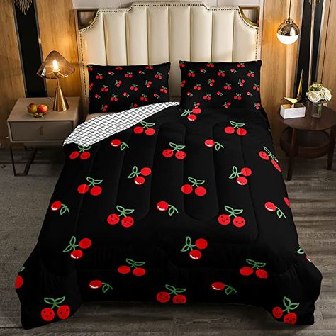 Amazon.com: Erosebridal Red Cherry Bedding Set for Kids, Fruit Kawaii Comforter Set Full, Cute Cherry Cartoon Quilted Duvet for Boys Girls Women Bedroom Decor, Reversible Luxury Cherry Quilted Comforter, Black : Home & Kitchen Cherry Themed Bedroom, Cherry Cartoon, Kawaii Bedding, Textured Bed, Full Size Bed Sets, Cherry Bed, Black Comforter Sets, Women Bedroom Decor, Red Comforter