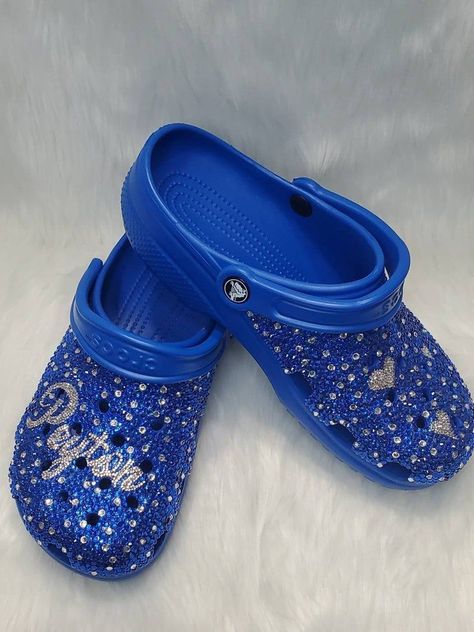 Blue Bling Crocs, Blinged Out Crocs, Designer Crocs, Jibbitz Ideas, Cool Crocs, Crocs With Charms, Bedazzled Shoes Diy, Bling Crocs, Expensive Outfits