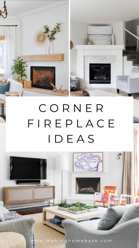 Corner Fireplace And Tv Placement, Corner Fireplace Living Room Modern, Fireplace At An Angle, Living Room Fireplace In Corner, Living Room Decor Corner Fireplace, How To Style A Living Room With A Corner Fireplace, Corner Fireplace Couch Placement, Corner Fireplace With Bench Seating, Styling A Corner Fireplace