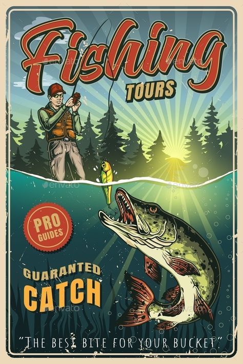 Vintage Retro Posters, Fishing Business, Fishing Poster, Fish Illustrations, Cool Vector, Inspiring Posters, Vintage T Shirt Design, Fishing Design, Colorful Posters