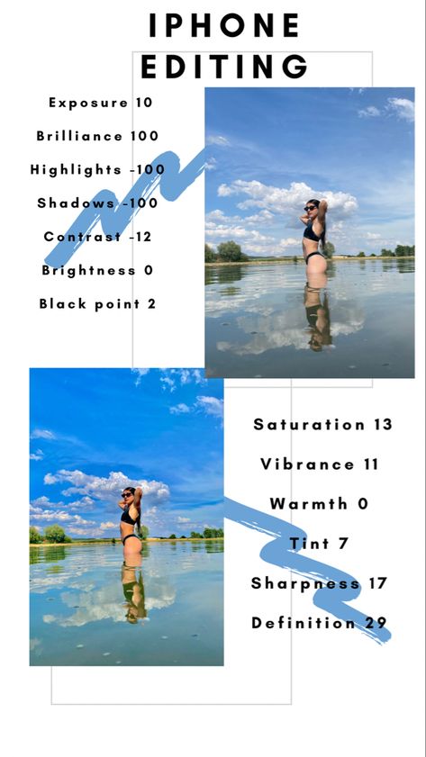 Stunning girl in swimwear swimsuit standing in lake photo editing guide brunette Photo Editing Bright, Aesthetic Picture Editing Ideas Iphone, Iphone Photos Editing, Brightening Photo Edit Iphone, Natural Editing Iphone, Brighten Pictures Iphone, I Phone Editing Photo Aesthetic, Photo Edits Iphone Camera, Iphone Editing Pictures Bright