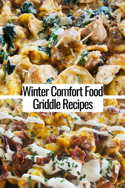 pasta and loaded potato dishes Bbq Griddle Ideas, Dinner Griddle Recipes, Dinner Ideas For Blackstone Griddle, Chicken Flat Top Grill Recipes, Bbq Griddle Recipes, Winter Camping Recipes, Griddle Dinner Recipes, Flat Top Chicken Recipes, Griddle Meals Dinners