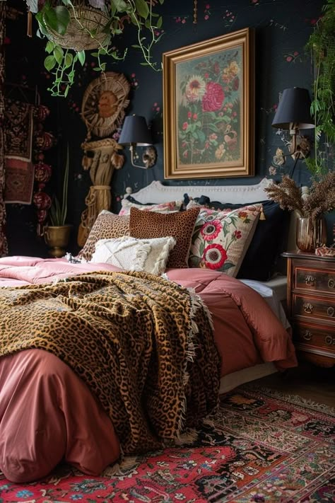 🍁So Inspired by This Gorgeous Room Dark Boho Bedroom Decor, Moody Maximalist Bedroom, Leopard Bedroom Decor, Bohemian Bedroom Decor Ideas, Sanctuary Decor, Eclectic Decor Bedroom, Maximalist Bedroom, Moody Boho, Floral Bedroom