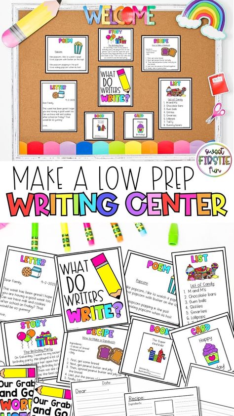 Wanting to create a writing center station for your students to visit during ELA centers, but not sure how to make it functional and low-prep?! I’ve got you covered! There are 3 print and go resources that I use to create my writing center, and my students love coming back to this station each day b First Grade Writing Center, Classroom Writing Center, Ela Stations, Centers First Grade, Writing Center Kindergarten, Teacher Classroom Ideas, First Grade Words, Kindergarten Literacy Centers, Writing Center Activities