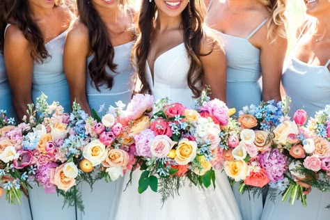 Light Blue Wedding Reception, Bright Colored Flowers, Pastel Wedding Theme, Wildflower Wedding Theme, Light Blue Bridesmaid, Colorful Wedding Flowers, Pink Wedding Theme, Light Blue Wedding, Prom Flowers