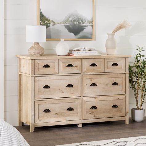 Manor Park Farmhouse 6 Drawer Dresser, White Oak - Walmart.com Dresser Natural, Bedroom Wishlist, Downtown Home, Dresser Decor Bedroom, White Washed Furniture, Grey Bedroom Furniture, Matching Nightstands, Dresser White, 8 Drawer Dresser