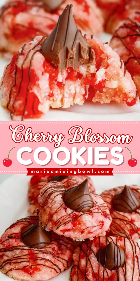 Looking for delicious dessert recipes? Say hello to your new favorite cookies! This simple baking idea starts with maraschino cookies. Topped with a Hershey Kiss and drizzled with chocolate, these easy cherry blossom cookies are such a treat! Cherry Chip Desserts, Chocolate Covered Cherries Cookies, Cherry Blossoms Cookies, Amish Cherry Almond Cookies, Cherry Hershey Kiss Cookies, Cherry Surprise Balls, Coconut Cherry Cookies, Cherry Almond Cookies Recipe, Cherry Bon Bon Cookies