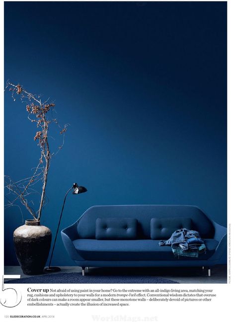 Magazine: Elle Decoration UK April 2014 Elle Decoration - British Edition Title: All About Indigo By: Phoebe Harris Text: Frances Hedges Treading the line between blue and violet - deep, electric and imperial! Indigo Blue Living Room, Indigo Mood Board, Navy Paint Color, Navy Paint Colors, Indigo Walls, Navy Blue Living Room, Navy Paint, Purple Palette, Cozy Fall Decor