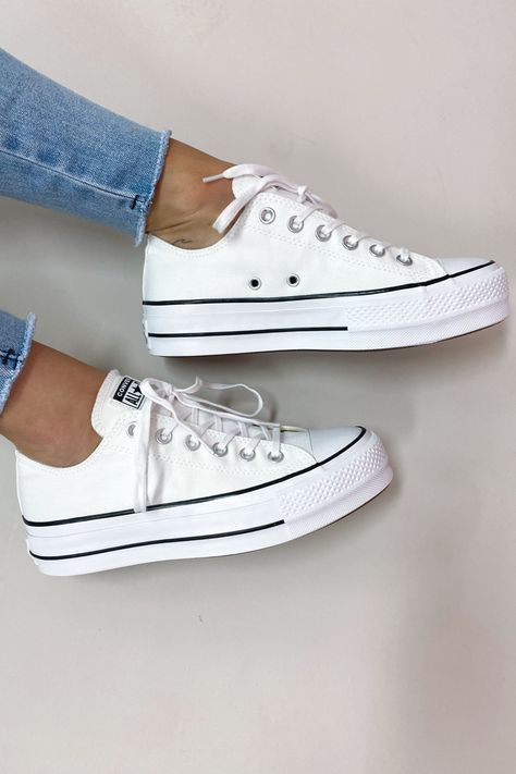 Converse Chuck Taylor All Star Lift Low Top, Converse Platform White Low, White Converse Platform Low Top, Platform Converse Outfit Low Top, Converse Low Top Platforms, White Low Top Platform Converse Outfit, Converse Platform Low Top Outfit, Low Platform Converse Outfit, White All Stars Outfit